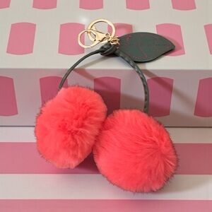Cherry Keychain - Red Pom‎ Pom Cherries Keychain with Leaf Accent New